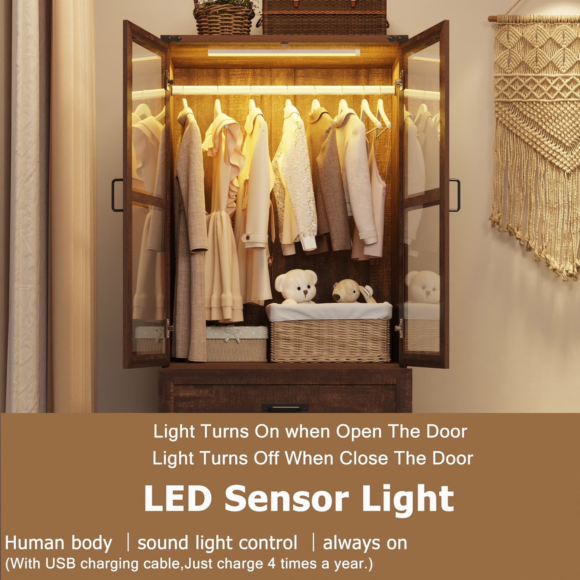 2 Glass Doors Armoire Wardrobe Closet with 3 Drawer & LED Light,75"H Wardrobe Closet Clothing Organizer with Hanging Rail for Bedroom