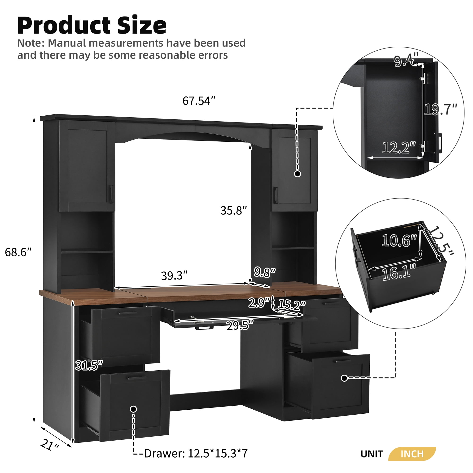 Mintazer 67.5" Farmhouse Arched Computer Desk with Hutch & File Drawer, Home Office Workstation with Charging Station & Keyboard Tray for Study Office, Black
