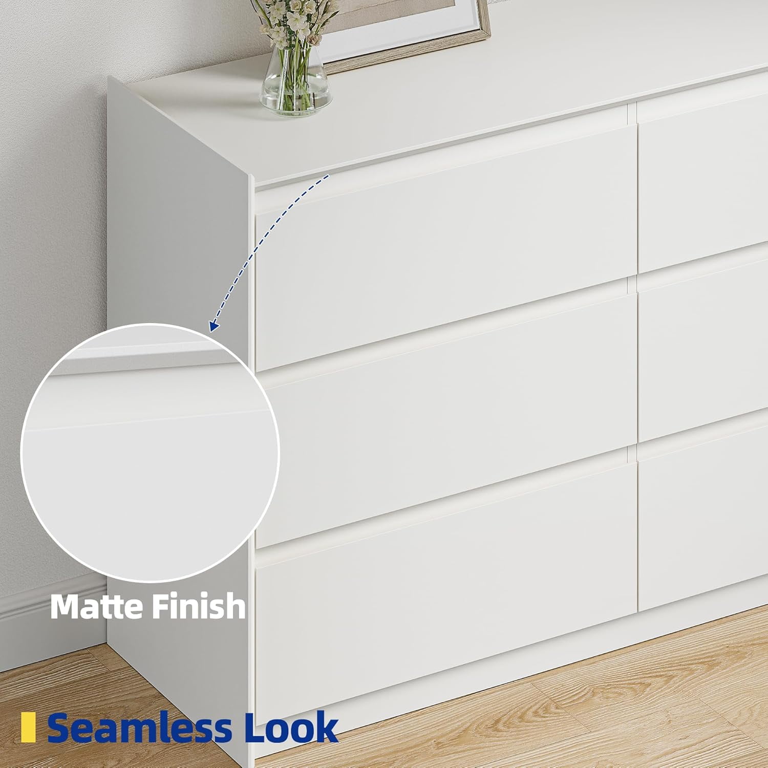 White Dresser for Bedroom, 47" Wide Chest of Drawers, Modern 6 Drawer Storage Organizer for Closet, Hallway, or Living Room