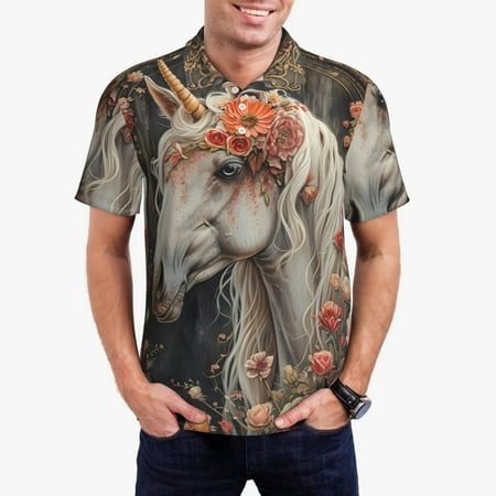 Logiee Vintage Floral White Horse Print Mens Polo Shirts Mens Golf Polo Shirts Short Sleeve Casual Polo Shirts for Men Summer Fashion Beach Shirts-Medium