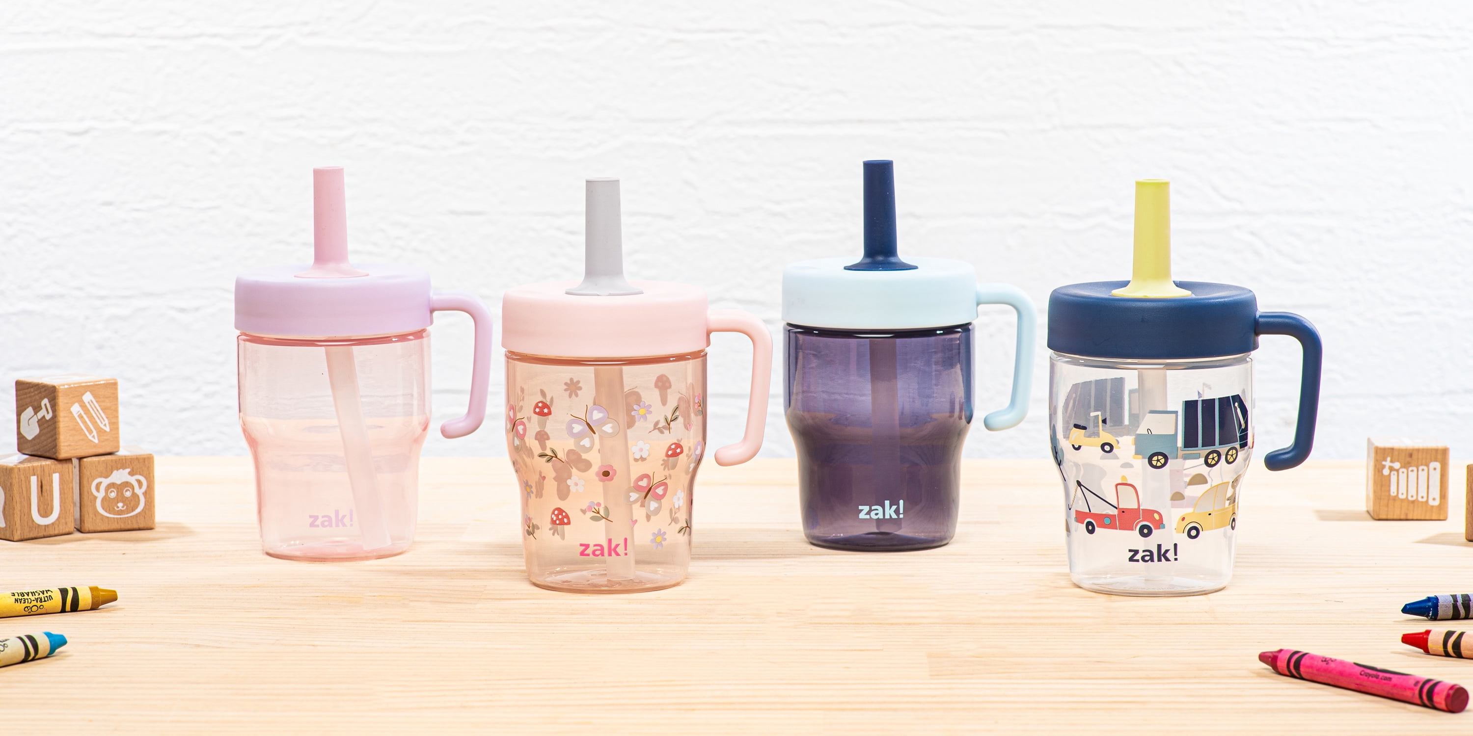 Zak Designs Capri Toddler Tumbler For Travel or At Home, 10oz 2-Pack Durable Plastic Sippy Cups With Handle and Leak-Proof Design are Perfect For Kids (Mainstreet and Lapis)