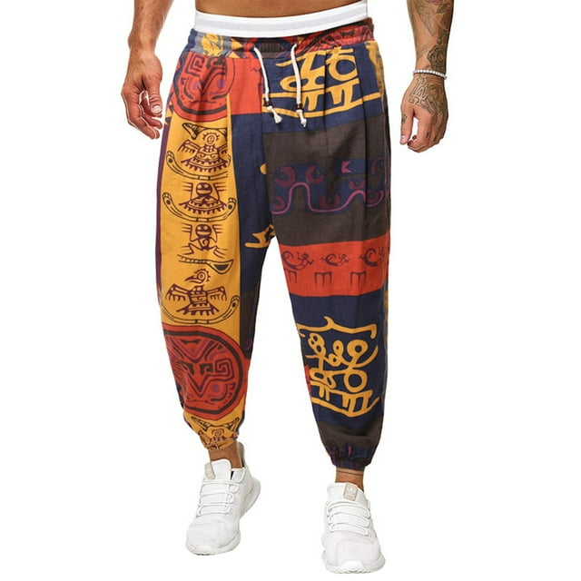 Kmbangi Men Casual Pants Graffiti Print Drawstring Tied-Ankle Loose Trousers