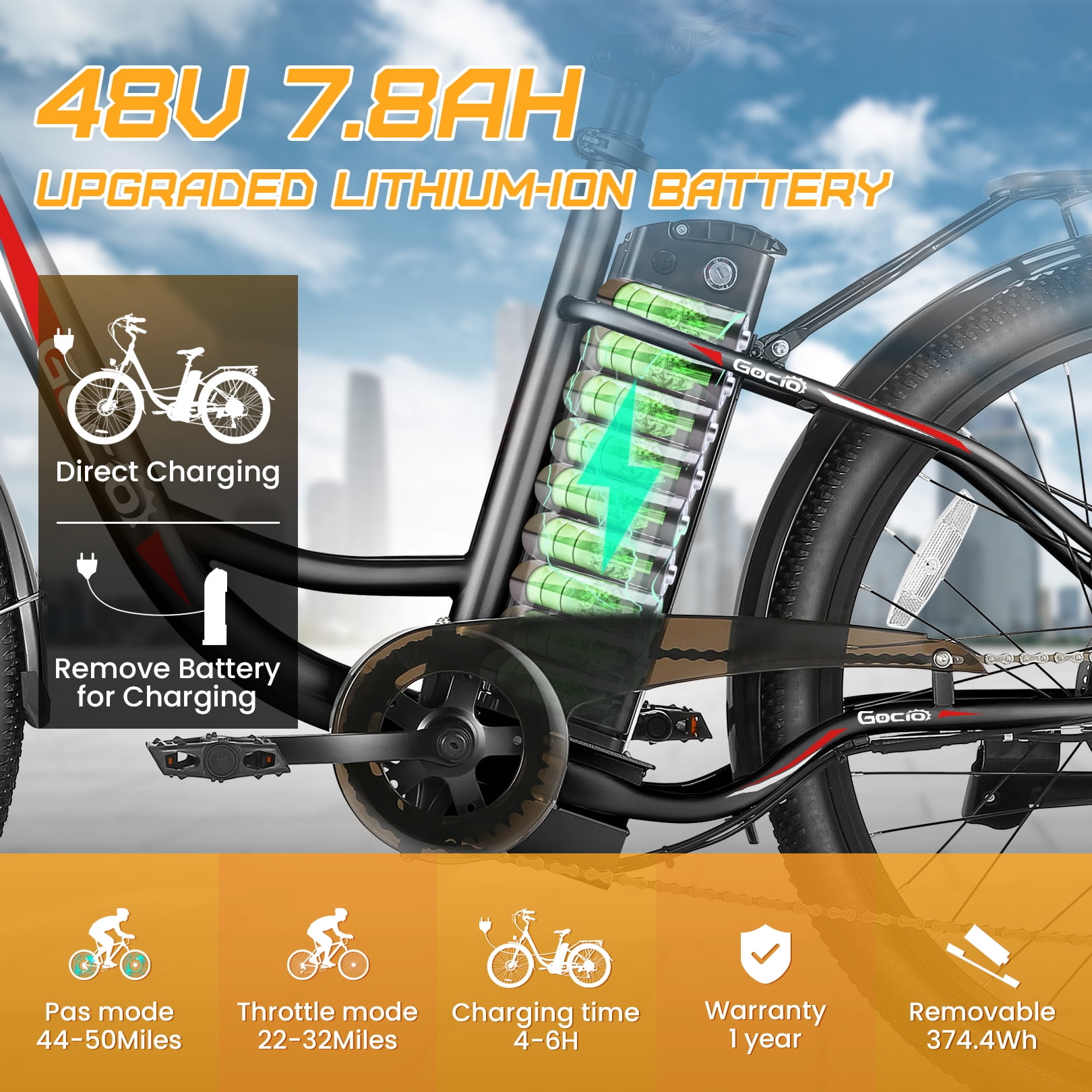 Gocio 26" Electric Bike for Adults, 750W Peak Motor Commuter E-Bike, 48V 7.8Ah Battery, 7-Speed, UL2849