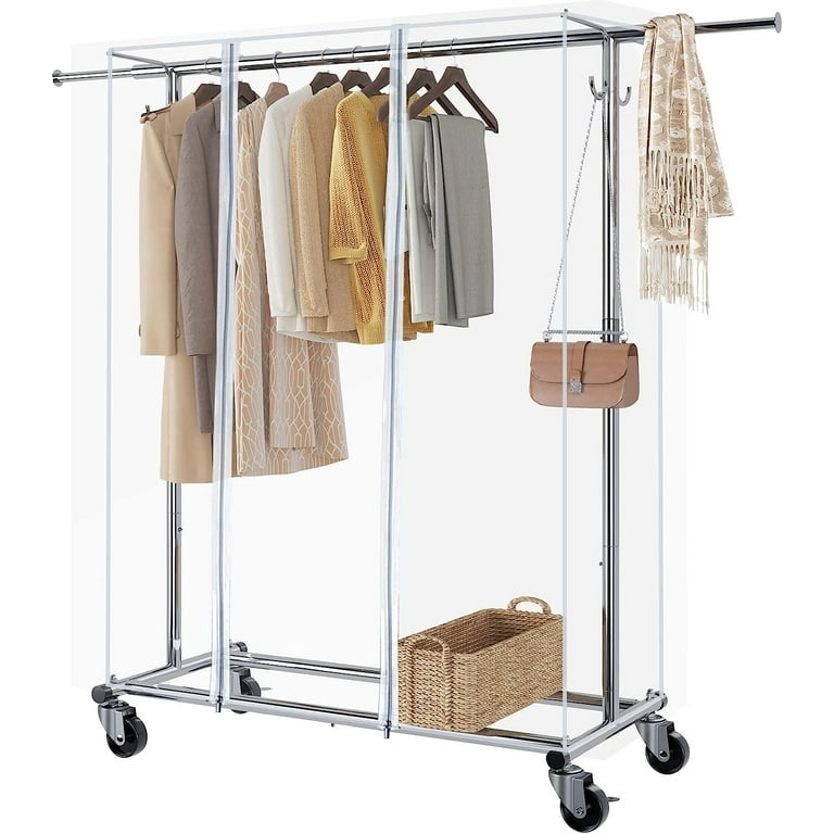 Clothes Rack with Cover Adjustable Garment Rack with Wheels Heavy Duty Clothing Rack with Extendable Hanging Rail and Two Hooks Commercial Grade Rolling Clothing Coat Rack 59x63x18 in Walmart