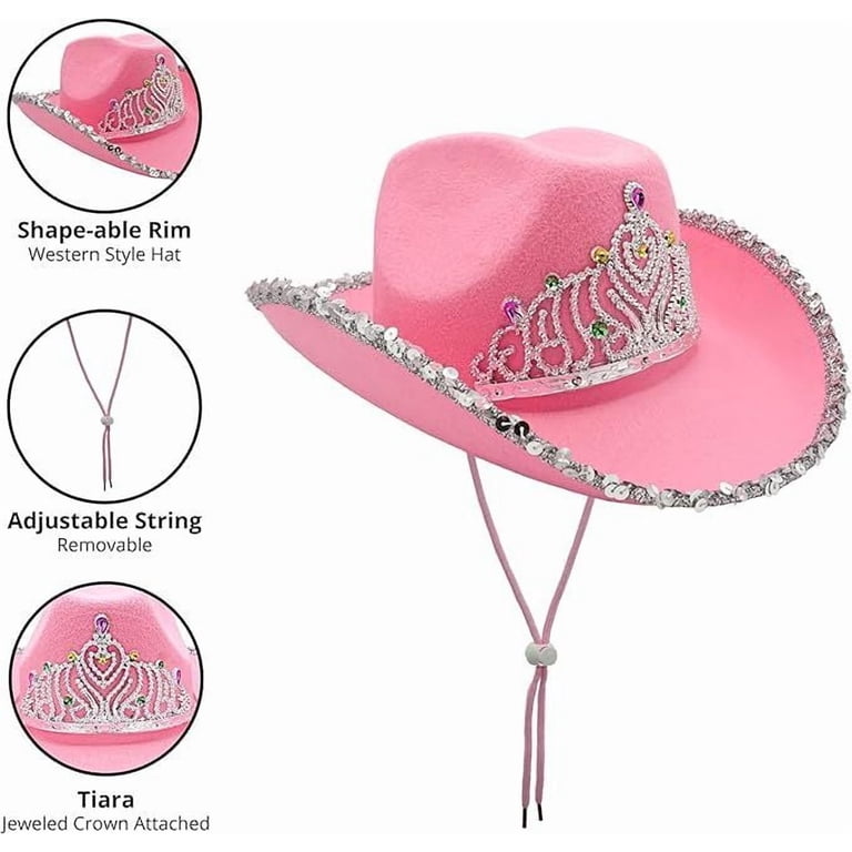 8449 Pink Cowboy Hat And Glasses - Preppy Cowgirl Hat With Tiara - Sparkly Baosity Pink Western Cowgirl Hat, Wide Brim, Tiara Design  main image 2
