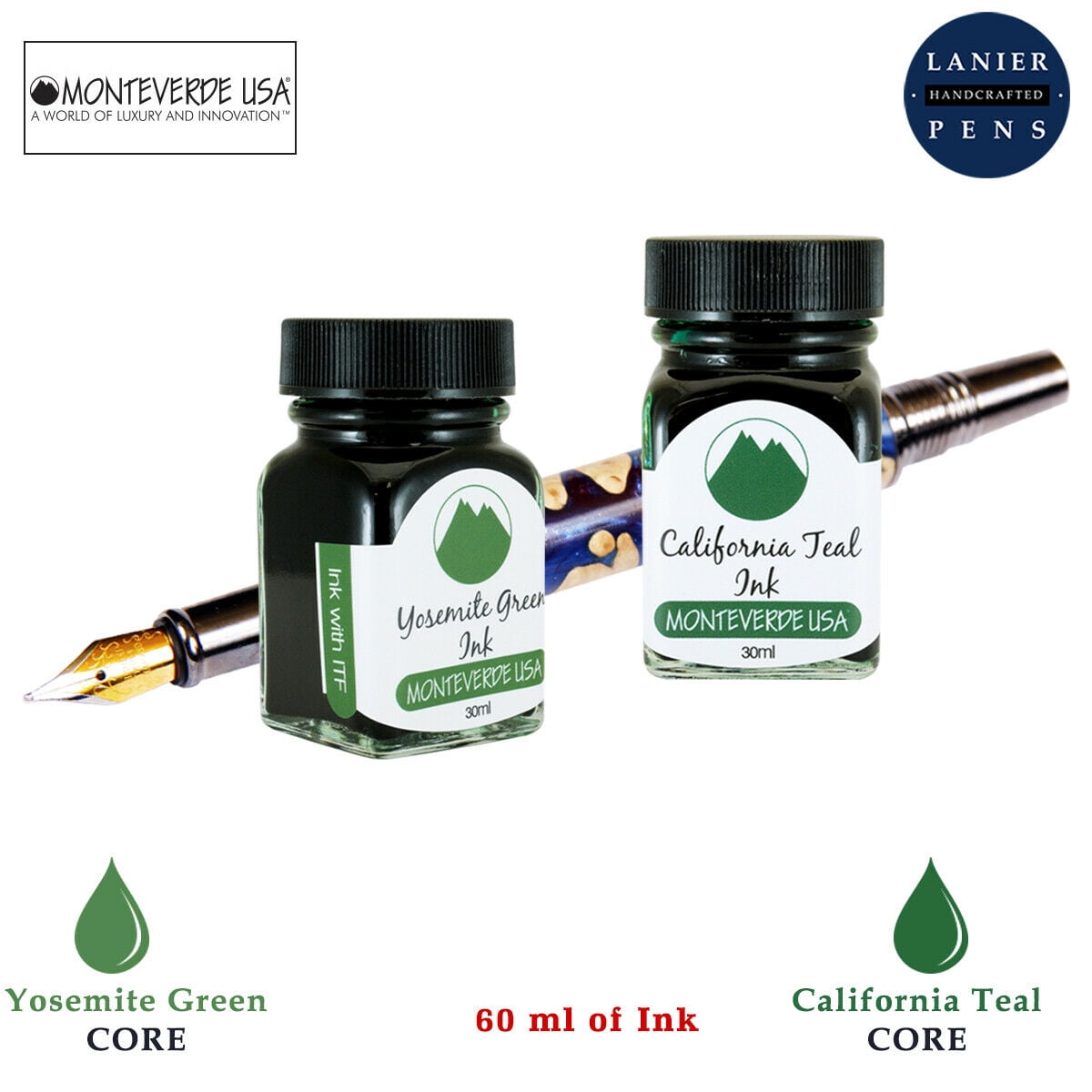 Monteverde 60ml Core Fountain Pen Ink Bottle (30ml Yosemite Green Ink Bottle G309YG, 30ml California Teal Ink Bottle G309CT)