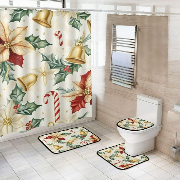 Ryvnso 4 Pcs Christmas Poinsettia Flower Bathroom Shower Curtain Set with 12 Hooks Bath Mat Toilet Lid Cover