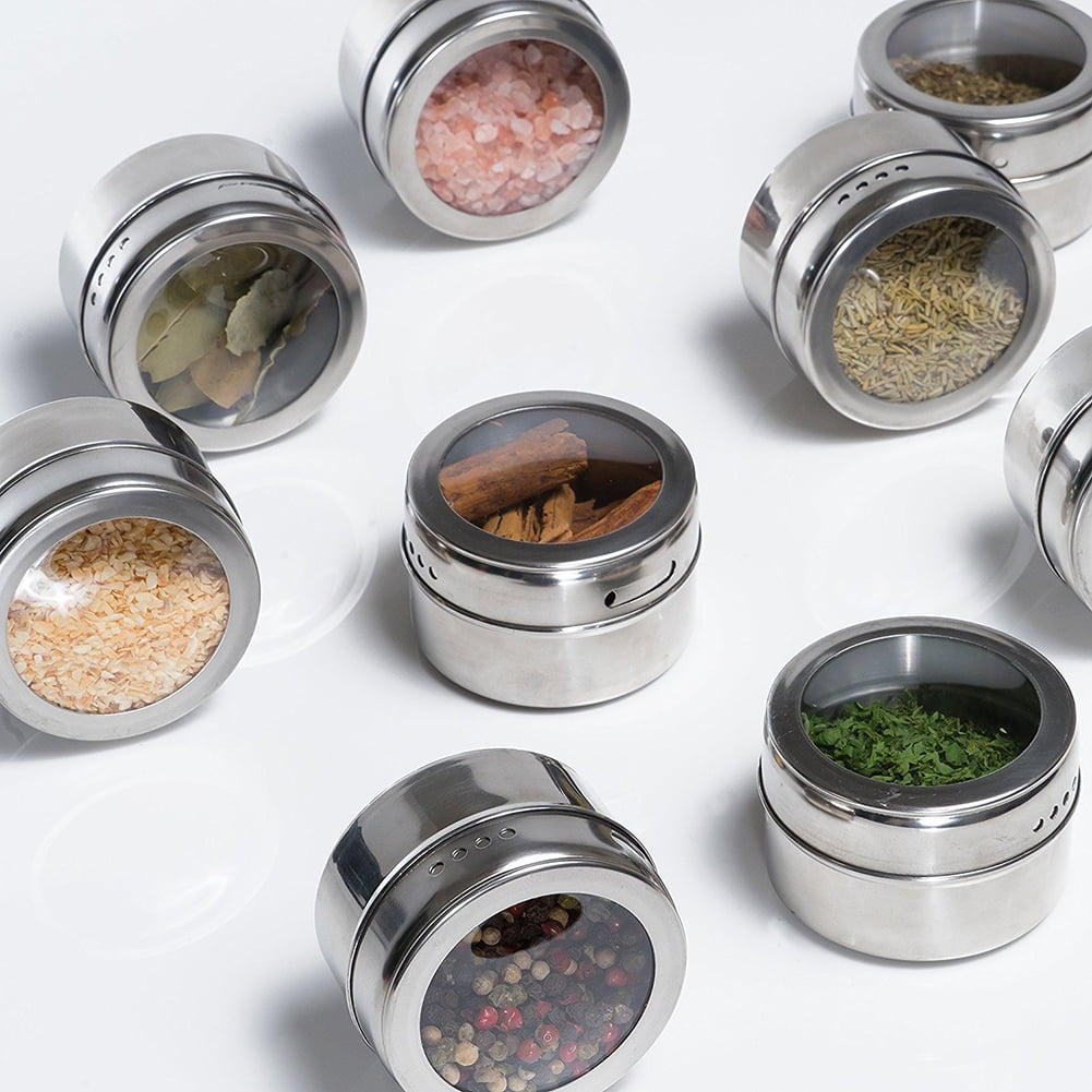 Kepooman 10 Pack Stainless Steel Storage Spice Containers with Sift & Pour Clear Top Lid for Camping Grill, Silver
