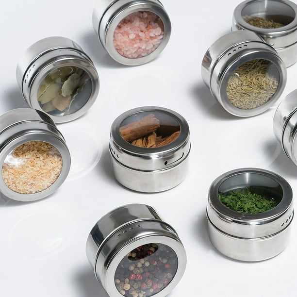 Topcobe 12 Pcs Magnetic Spice Tins with Sift Pour Window Top Kitchen Multi Purpose Stainless Steel Storage Spice Containers with Spice Labels Seasoning Tins Magnetic Jars for Refrigerator Grill Walmar...