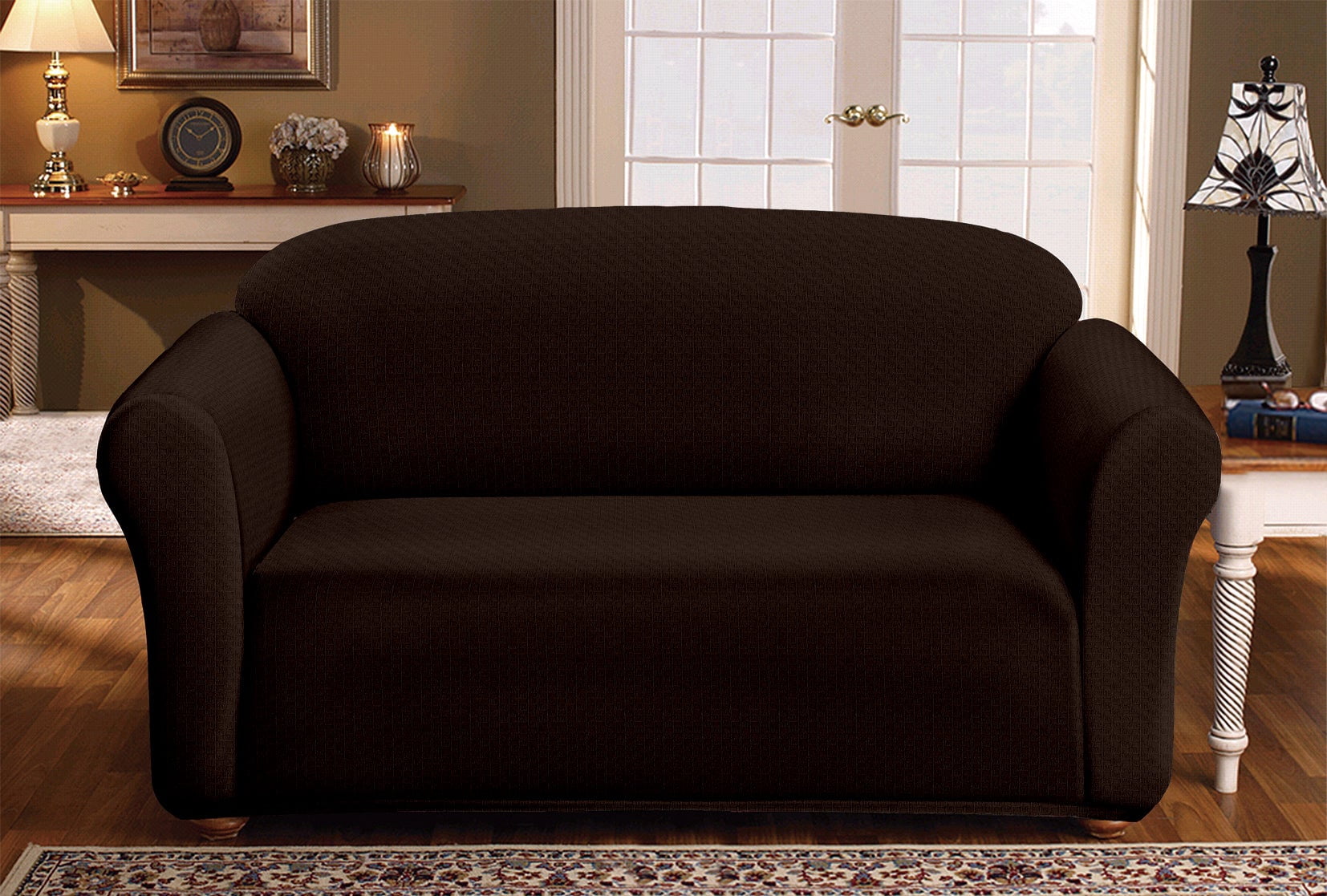 Milan Furniture Slipcover Fitted Protector Couch Cover Jacquard Soft Stretch Non Slip Fabric, Loveseat, Chocolate