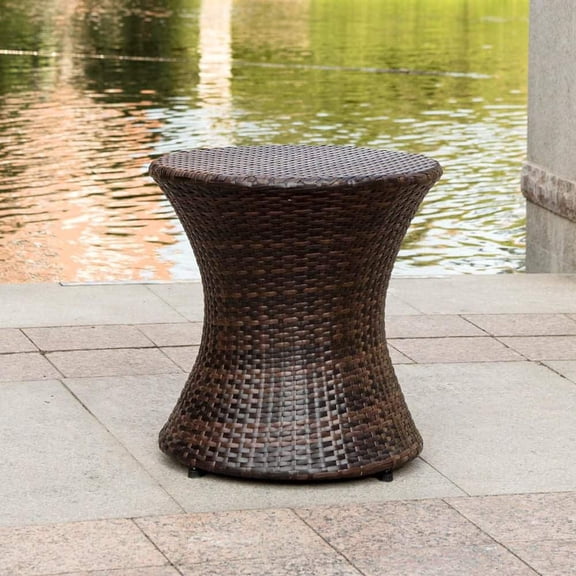 Round Faux Rattan Outdoor Patio Accent Table, Multibrown