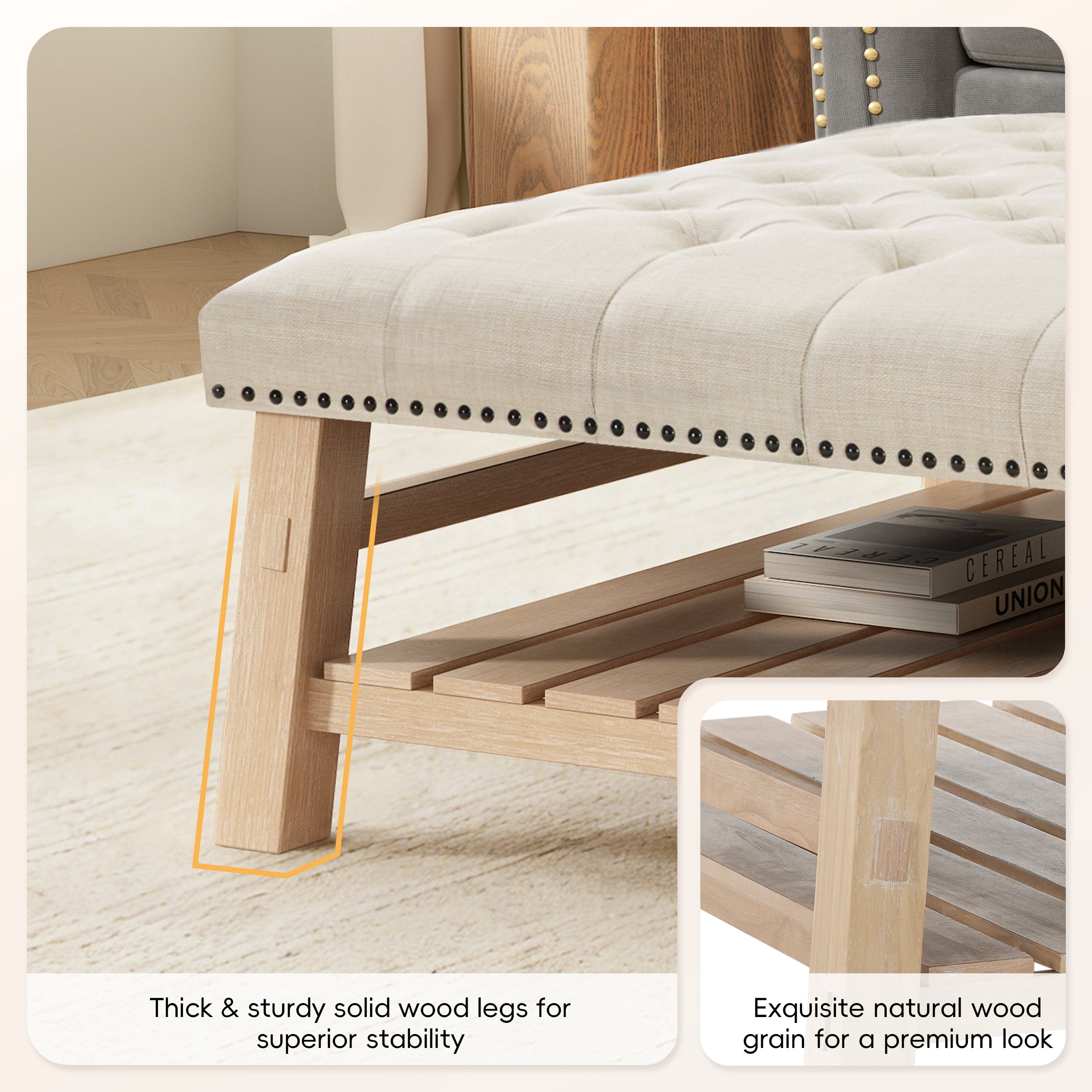 Euroco Large Square Ottoman Coffee Table,Linen Upholstered Footrest Ottoman with Shelf Storage,Nailhead Trim & Solid Wood Legs for Bedroom Living Room,Beige