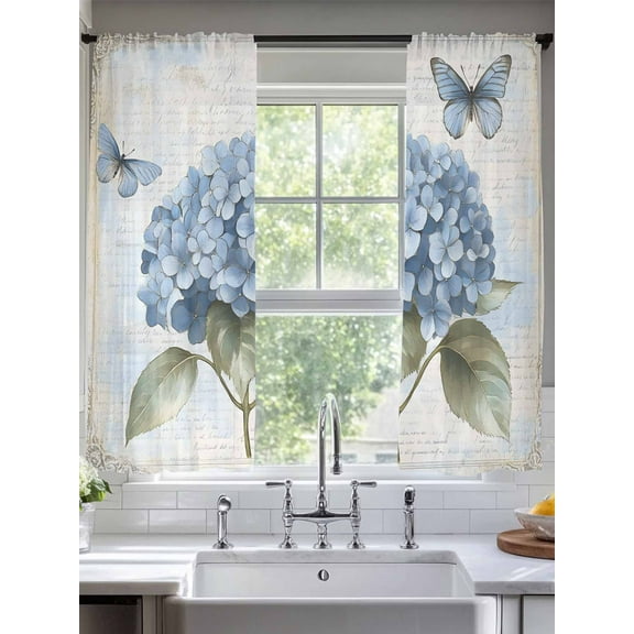 Blue Hydrangea Retro Sheer Curtains for Living Room Bedroom VintageBotanical Floral Blossom Sheer Curtains 63 Inch Long 2 Panels Set Light Filtering Curtain Window Treatments Drapes for Dining Room