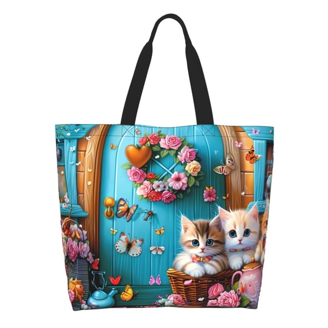 Balery Whimsical Cats and Flowers Scene Bolsa Tote Estilo Estético con Cremalleras, Bolsa de Hombro, Bolsa de Compras Grande y Plegable