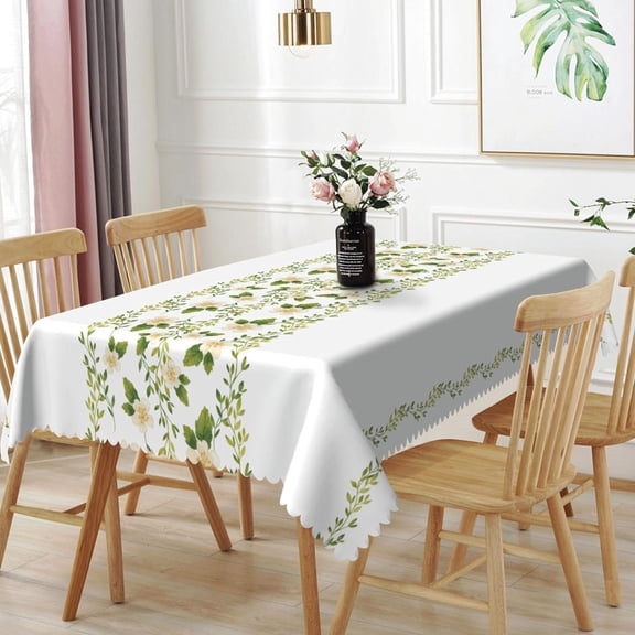 Nanqianyi Washable White Tablecloth With Floral Vine Pattern, 52" x 70" Rectangle Table Cover, Kitchen Party Decoration