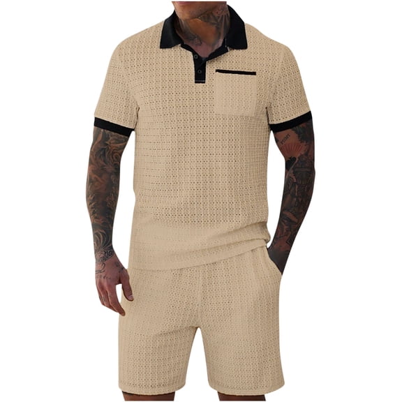 Mrmaere Men's Collared Button Up Shirt and Shorts Set Short Sleeve 2 Piece Striped for Casual Daily Khaki L
