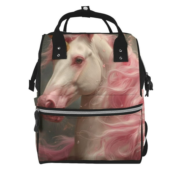 Fotbe Haired White Horse Mochila Maternidad - Lona de Sarga Impermeable, Mochila de Pañales de Gran Capacidad con Múltiples Bolsillos y Correas Ajustables