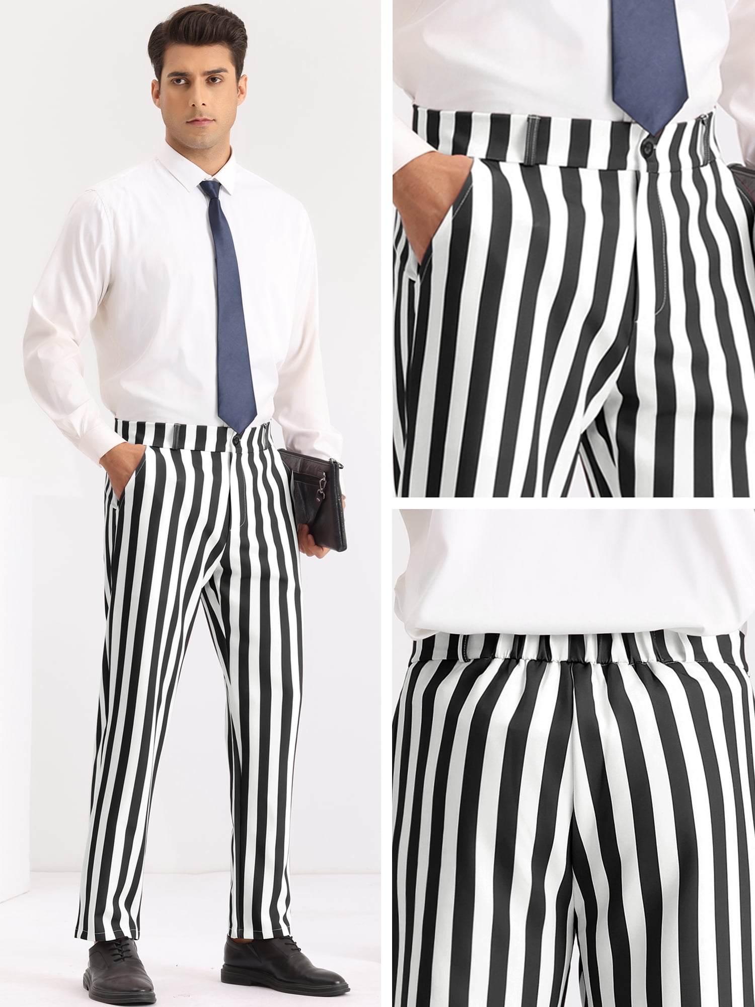 DARING DIVA Men's Striped Dress Pants Straight Leg Color Block Trousers 38 Black White