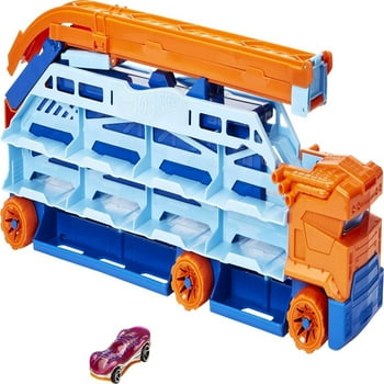 Hot Wheels City Speed Drop Transport Hauler with 1 Toy Car, Stores 20+ 1:64 Scale Vehicles
