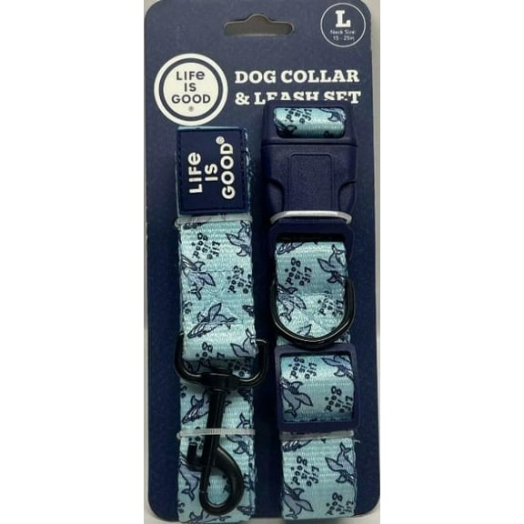 Life Is Good Large Dog Collar and Leash Set with Whales