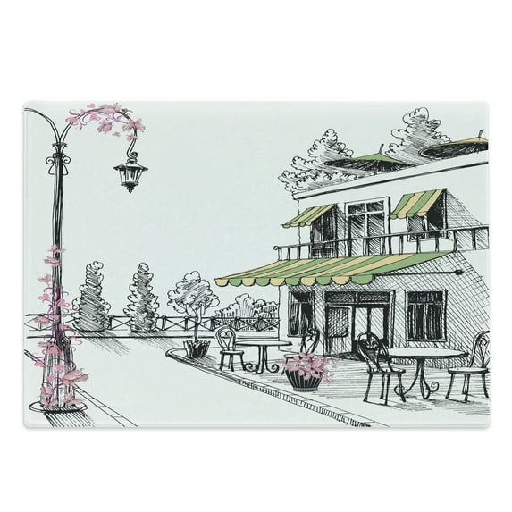 Sketch Cutting Board, Sketch of Parisian Patio with Tables and Lantern, Decorative Tempered Glass Cutting and Serving Board, in 3 Sizes, by Ambesonne