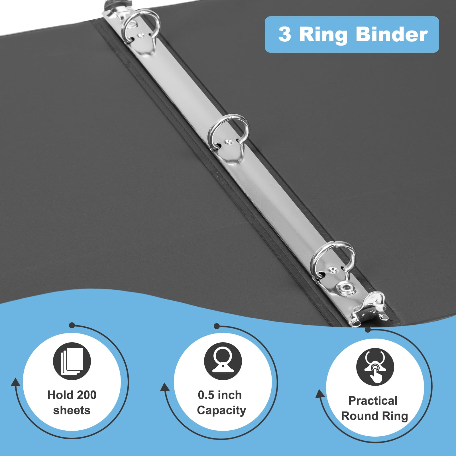 Comix Sturdy 1/2 inch 3 Ring Binder,0.5 inch Round Ring , 100 Sheets Capacity, 12 Pack Black 2mm-thick