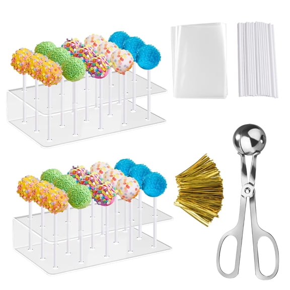 2 Pack Cake Pop Stand with Sticks Kit, Metal Lollipop Mold, Clear Cake Pop Display Holder Stand, 15 Holes Candy Pop Holder with 100 Pcs Sticks, 100 Pcs Clear Wrappers, 100 Pcs Gold Twist Ties
