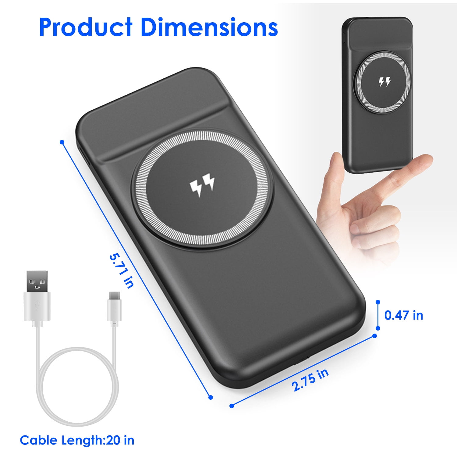 Wireless Power Bank TeqHome 10000mAh Magnetic Portable Wireless Charger 22.5W PD Fast Charging Mini Mag-Safe Battery Pack QC3.0 with Built-in Type-C Cables 15W (Black)