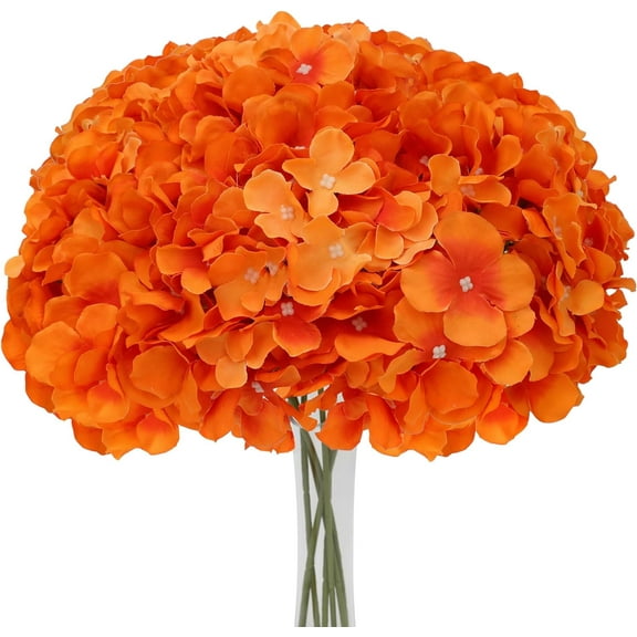 Fake Orange Hydrangea Artificial Flowers - Faux Silk Hydrangeas Flowers Heads with Stems Real Touch for Home Wedding Party Table Decor(Orange,Pack of )