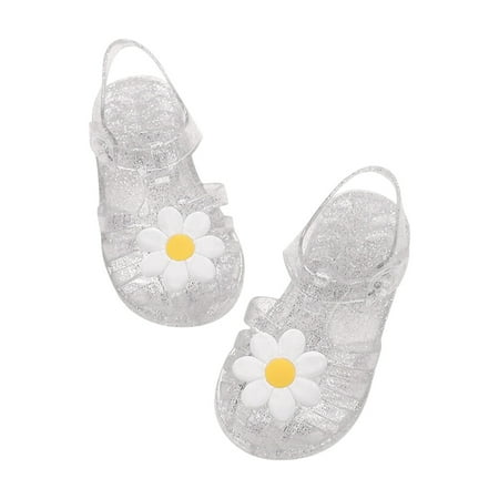 Fridja Toddler Sandles Girls Jelly Sandals Rubber Sole Closed Toe Princess Flat Flower Summer Shoes  White  2-9 Years Old