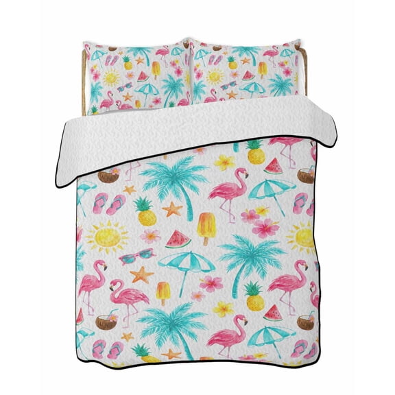 Flamingo Beach Quilts Bedding Set Twin Size Summer Tropical Coastal Cartoon Birds Palm Trees Lightweight Quilted Bedspread 3 Piece Bed Quilt with 2 Pillow Shams All Season for Bedroom 68" x 86"
