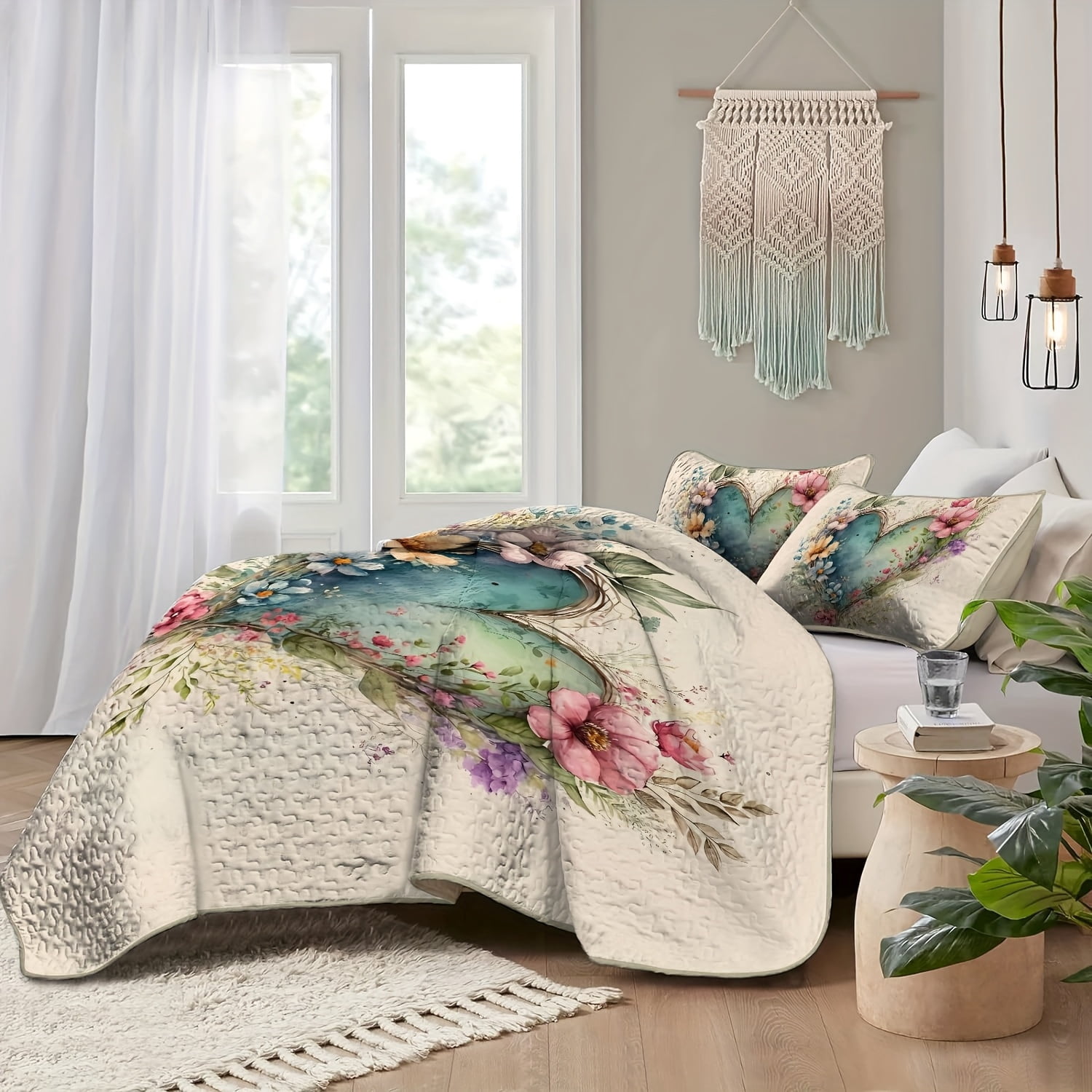 Flymme Quilts for Queen Bed,3 Piece Watercolor Floral Botanical Bedspread Coverlet Set，Heart Shape Flowers Bedding Sets with Pillow Sham for All Season