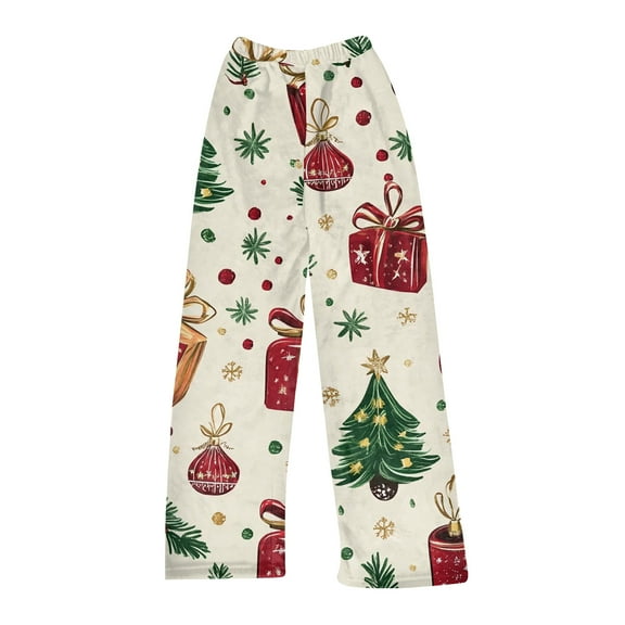 WTOBBY Women's Cozy Plush Christmas Pattern Pajama Pants - Holiday Themed Sleepwear with Soft Fleece Lining for Winter Home Lounge and Relaxation - Comfortable Fit,Beige L