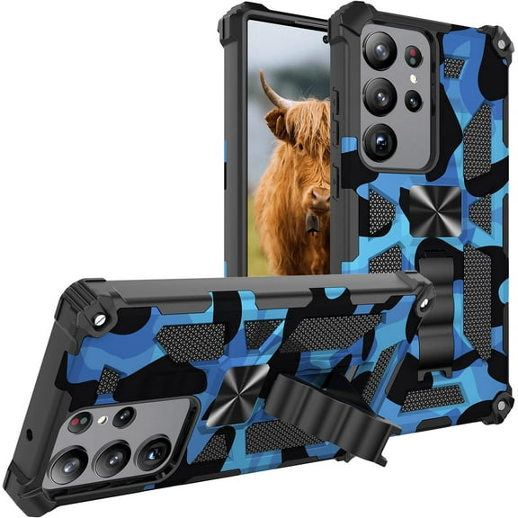 Slim Fit Phone Case for Samsung Galaxy S23 Ultra (Not fit S23),Army Camouflage Case with Military Grade Anti-Drop Protection and Built-in Kickstand Cover for Galaxy S23 Ultra,MC Dark Blue