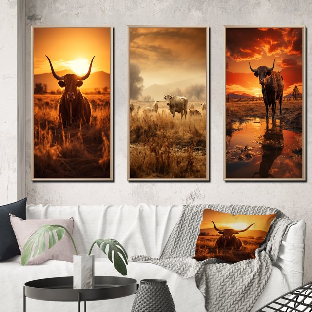 Designart "Cattle Silhouette Charm II" Animals Framed Wall Art Set Of 3 - Orange Cattle Frame Gallery Wall Set For Home Decor