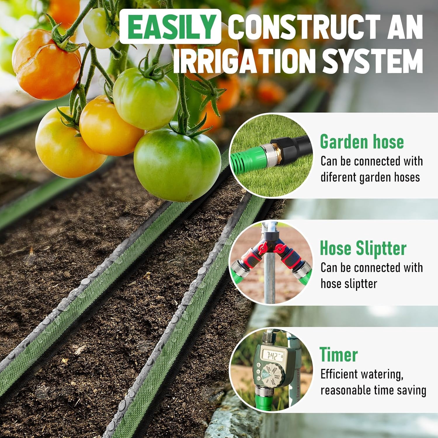 25ft Flat Soaker Hose with 80% Water-Saving Drip Irrigation, Leakproof Double Layer Gardening Hose