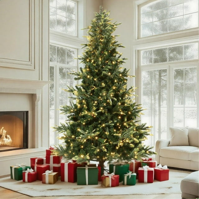 COZONY 7.5ft Pre-Lit Snow Flocked Christmas Tree w/ Warm White LED Lights Mixed Branch Tips & Foldable Metal Stand