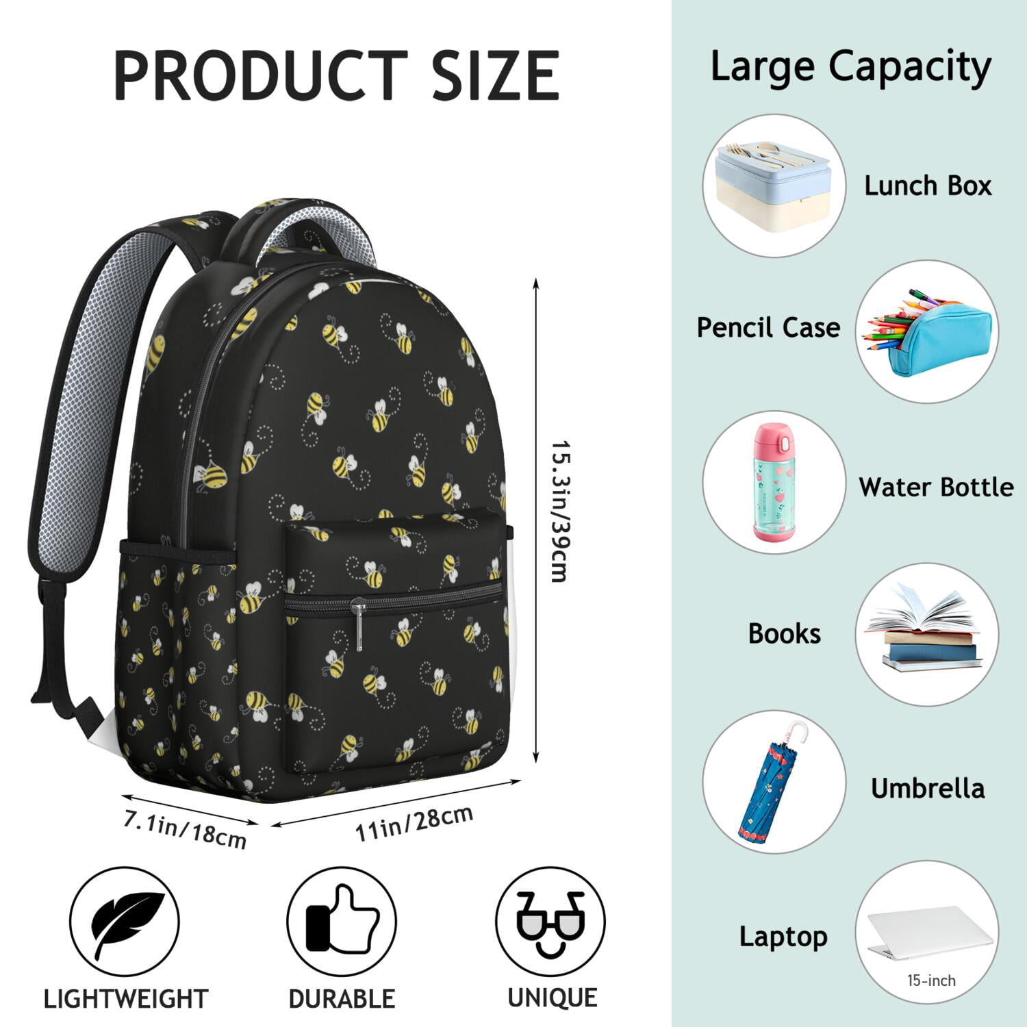 Bees Print Backpack - Water-Resistant School Bag for Students, Durable College Bookbag with Laptop Compartment, Comfortable Padded Straps & Cute Bee Design