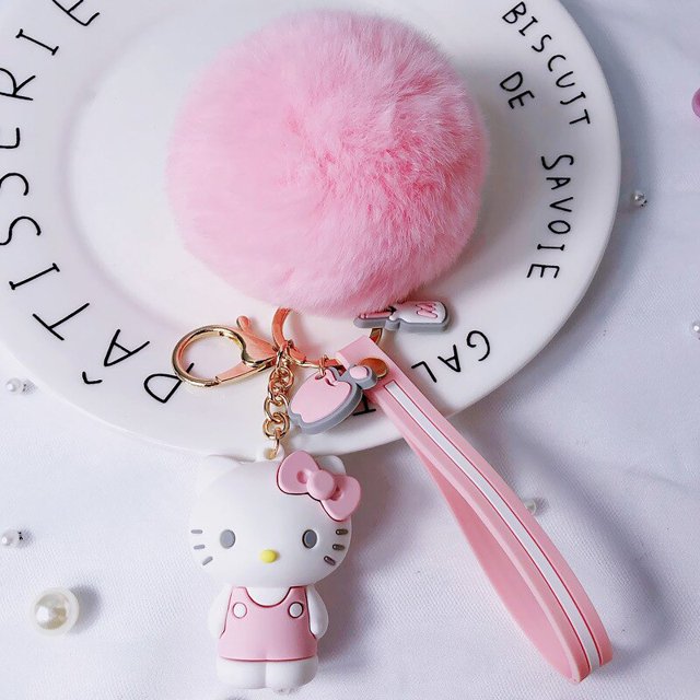 Sanrio-llavero de bola de pelo de Hello Kitty, colgante de Pvc, Anime Kuromi, My Melody, imitación de conejo Rex, regalo para coche Fivean unisex