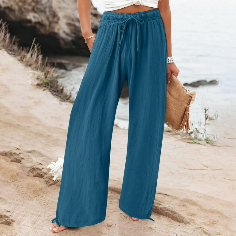 VSSSJ Womens Baggy Wide Leg Trousers Loose Fit Drawstring Elastic Waist  Solid Color Straight Long Pants Casual Fashion Comfortable Yoga Pants Sky  Blue