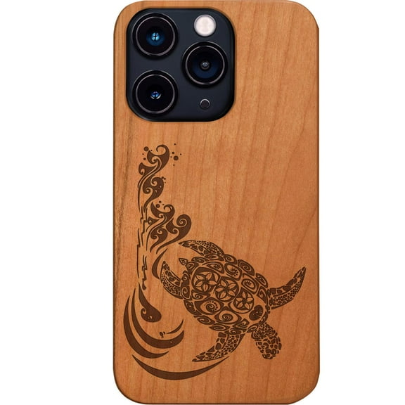 Hawaiian Turtle 3 - Engraved Wooden Phone Case for iPhone 15 Pro, Color: Cherry