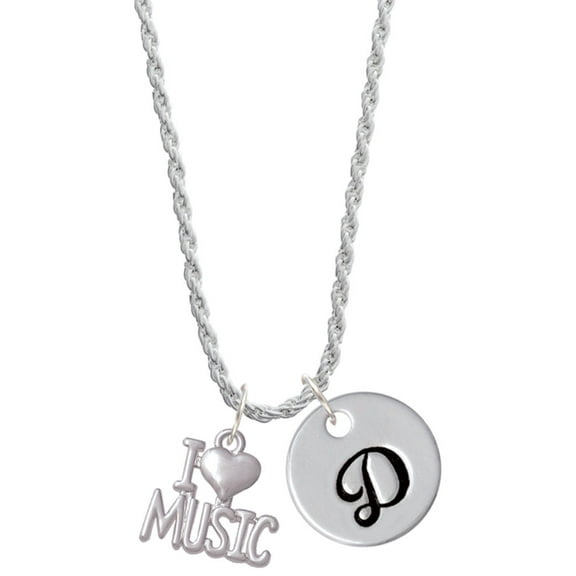 Delight Jewelry I 'Heart' Music Silvertone Script Initial Disc - D - Charm Necklace, 20" 3"