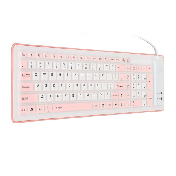 Teclado de silicona plegable de 103 teclas con cable USB, teclado plegable de silicona resistente al agua, silencioso, sin desvanecimiento, para PC, portátil, color rosa