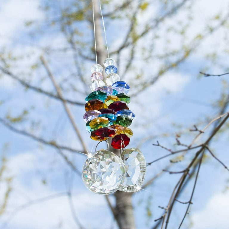 H&D HYALINE & DORA Hanging Crystal Suncatcher Rainbow Maker with Heart  Prism Pendant and Crystal Prism Ball and Chakra Colored Beads,for Window