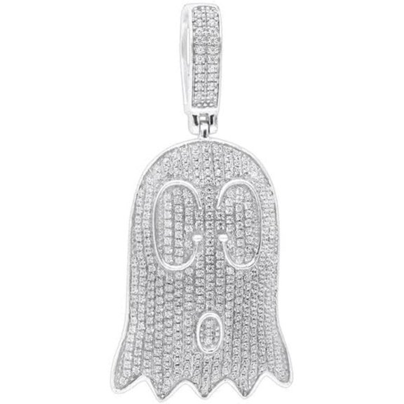 925 Sterling Silver 14K White Gold Finish Round Cut White Diamond Ghost Shape 2"Inches Pendant For Men's
