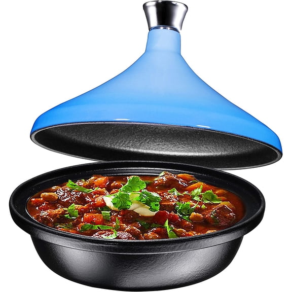 Bruntmor Blue Cast Iron Moroccan Tagine 4-Quart Cooking Pot With Silver Knob