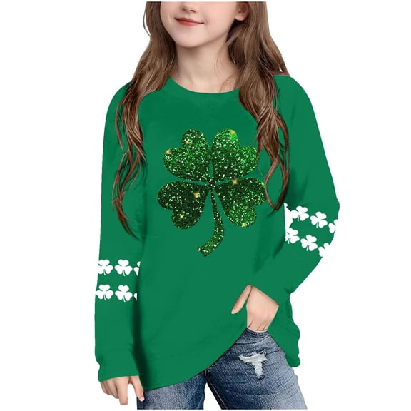 Girls Green St. Patrick's Day Shirt Glitter Shamrock Top Long Sleeve Kids Holiday Tee Relaxed Fit Asymmetrical Hem Clover T-Shirt,Size 7 T