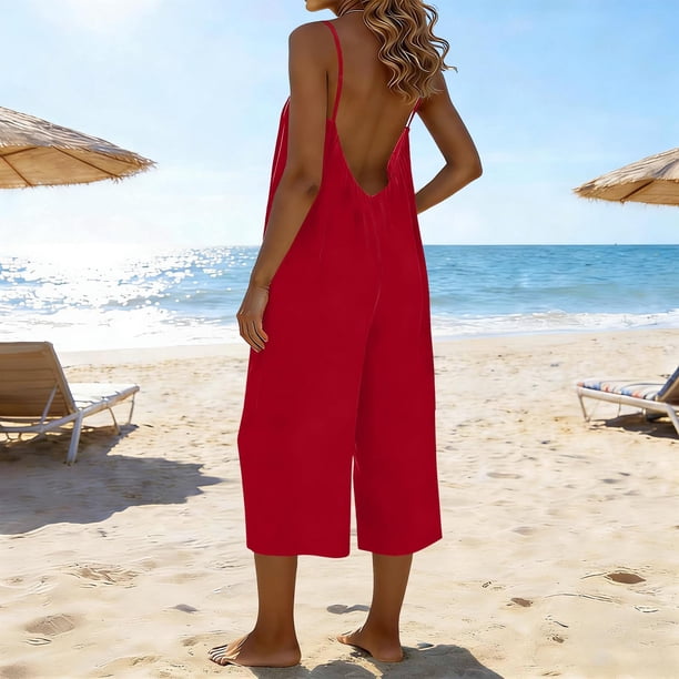TaTaai Women's Summer Casual Solid Adjustable Spaghetti Strap Backless Jumpsuit with Pockets 7/8 Length Loose Fashion Romper Gift