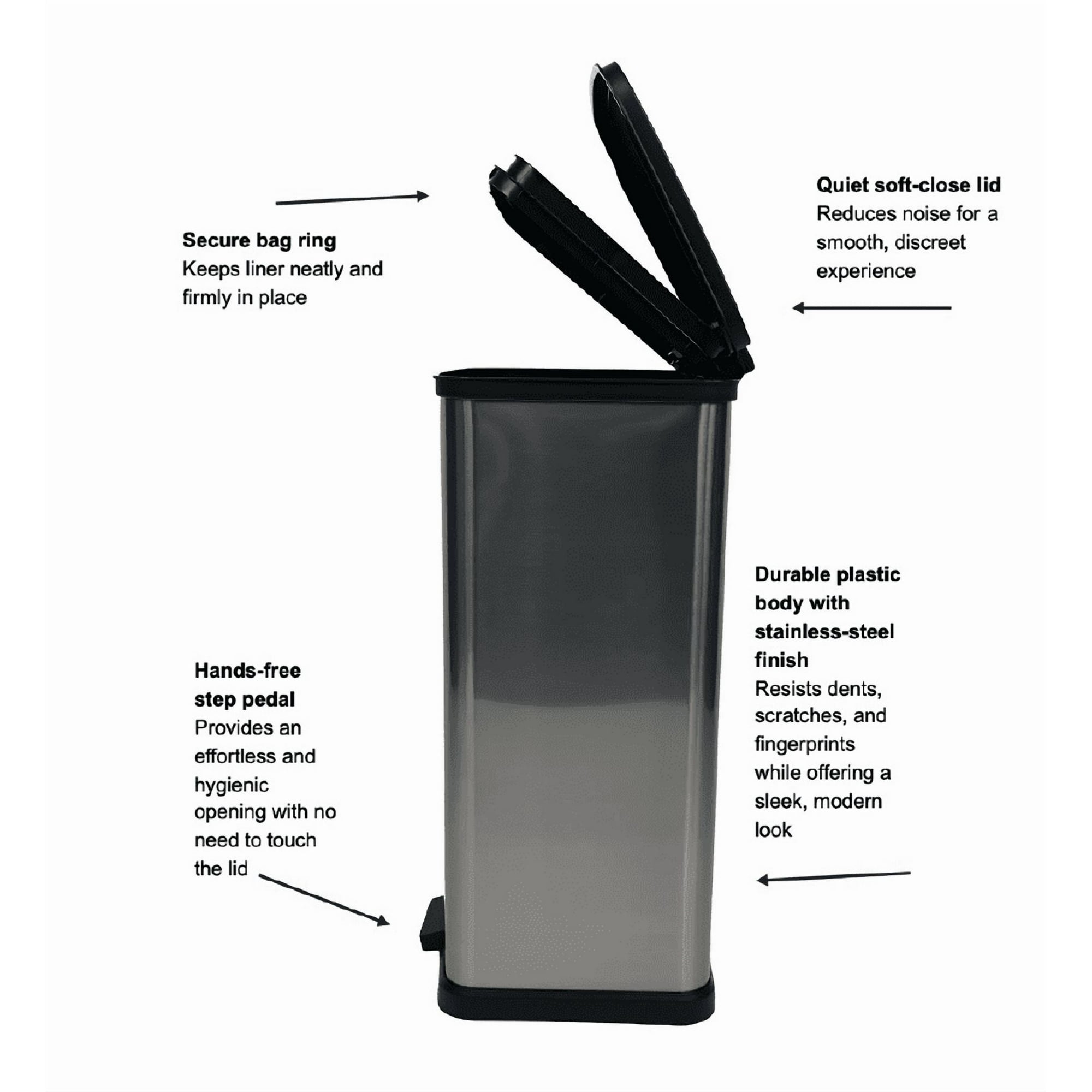 Mainstays Kitchen Trash Can, 13.2 Gallon Plastic Step Garbage Bin with Lid, Silver