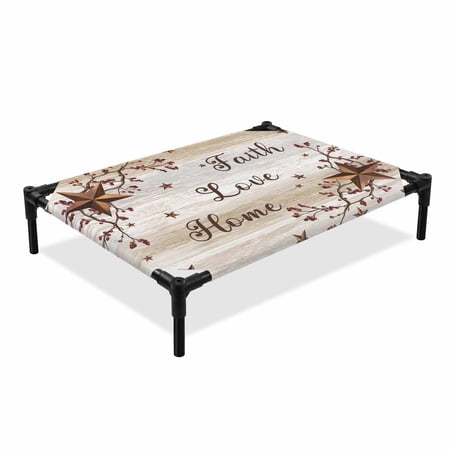 Retro Country Stars Elevated Dog Bed Faith Love Home Berries Farmhouses Brown Cooling Breathable Outdoor Raised Dog Cot Bed with Metal Frame Non-Slip Feet for Medium Dog 24x20in